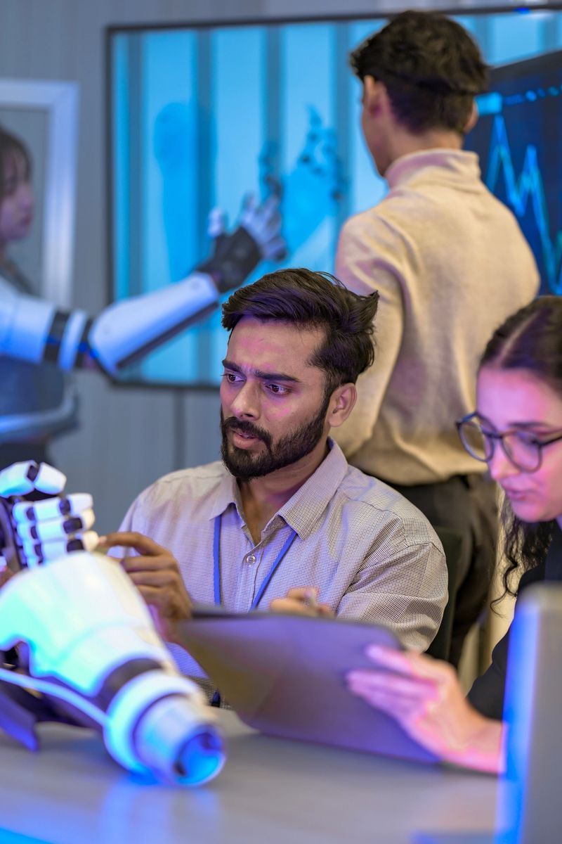 Bio-mechanical engineers test a myoelectric prosthetic arm on a user. They are calibrating the sensors and actuators for optimal neuromuscular control and functionality in an R&D lab.