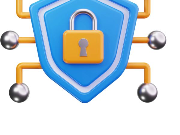 3D padlock on a shield symbolizing security.