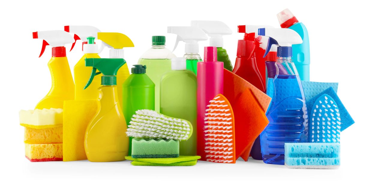 Various colorful cleaning supplies and tools.