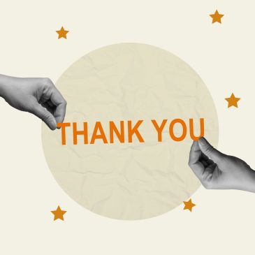 Two hands holding orange text saying 'THANK YOU' against a beige background with stars.