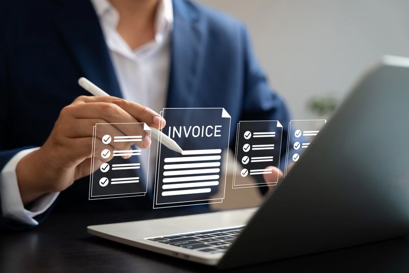 Businessman managing digital invoice documents on a laptop using virtual interface. Concept of e-invoice, online billing, paperless office, and financial technology.