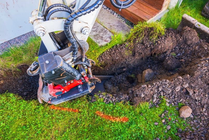 Excavator bucket digging narrow trench near house with soil and stones being lifted from the ground. Sweden.