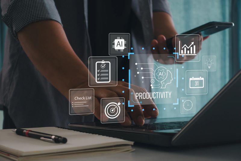 Businessman using AI technology and digital tools to improve productivity, project management and workflow automation with checklist, data analytics and time management solutions.