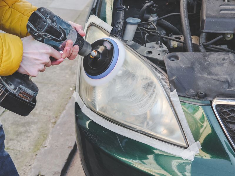 The hands of a young caucasian man are polishing the headlights of his car with a washing soap with a drill and a sponge disc, close-up side view. The concept of headlight polishing, car washing.