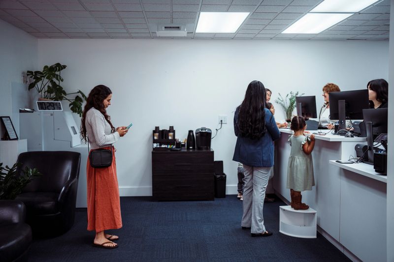 Customers wait to receive assistance from a customer service representative in the lobby of a credit union.