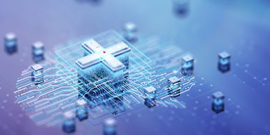 3D futuristic circuit board with technology elements.