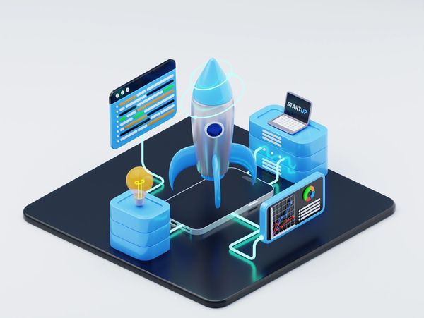 3D illustration of a startup rocket launch concept with connected tech elements.