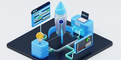 3D illustration of a startup rocket launch concept with connected tech elements.