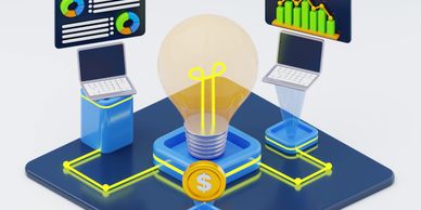 3D illustration of a glowing light bulb connected to laptops with financial charts and a dollar coin.