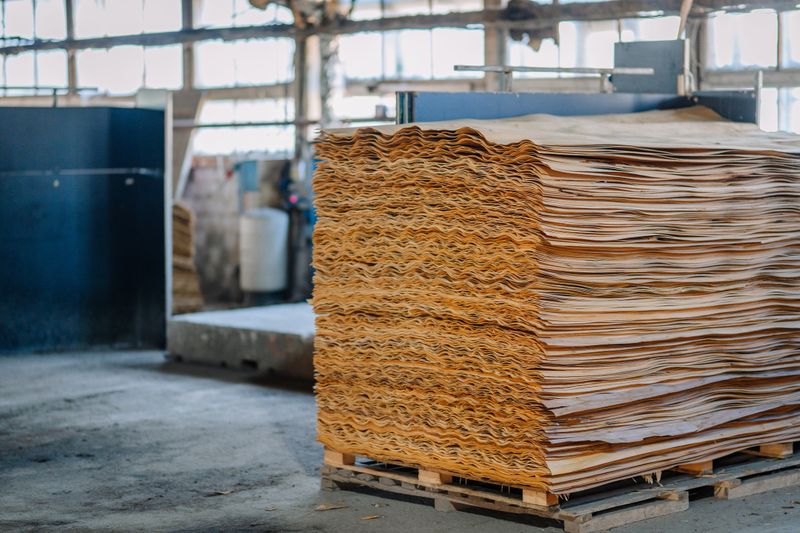 Valmiera, Latvia - September 10, 2025 - Large stack of thin wood veneer sheets neatly piled on pallets inside an industrial warehouse, ready for use in plywood or furniture manufacturing.