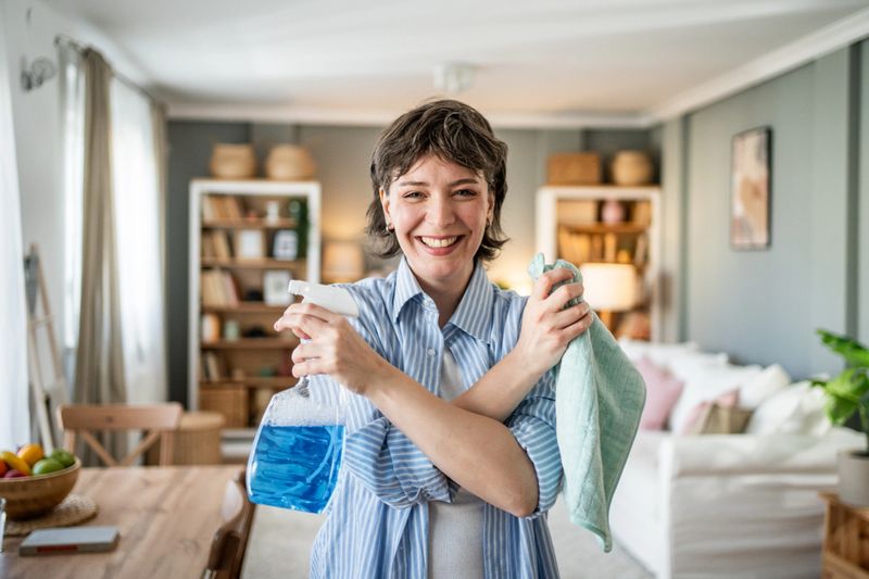 Young woman joyfully holding cleaning supplies, preparing to tidy her apartment, smiling brightly at the camera. Enthusiasm radiates as she embraces her cleaning routine