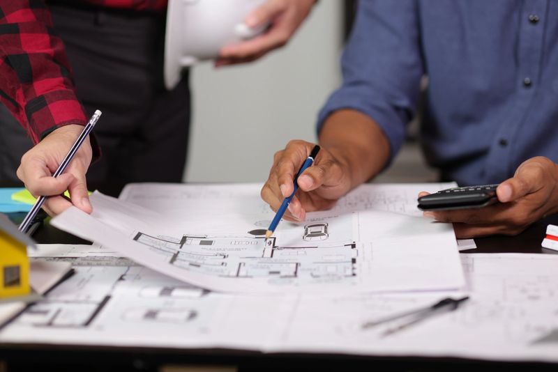 Architect using calculator calculating construction costs on blueprint. Architects collaborating at desk, calculating costs, pointing at blueprints, discussing project plans in office.