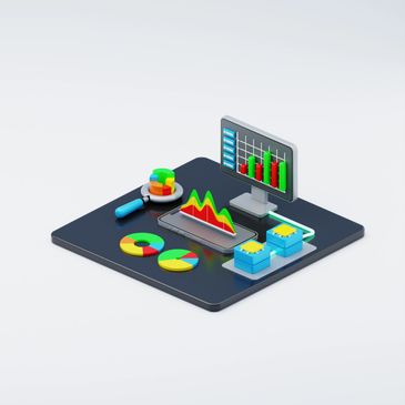 3D illustration of various colorful data charts and graphs on a digital platform.