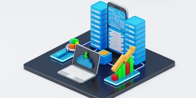 3D illustration of cloud computing with data servers, laptop, and growth analytics.