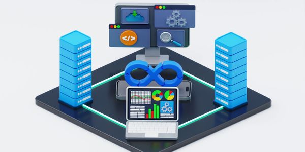 Illustration of DevOps with servers, laptop, and automation icons.