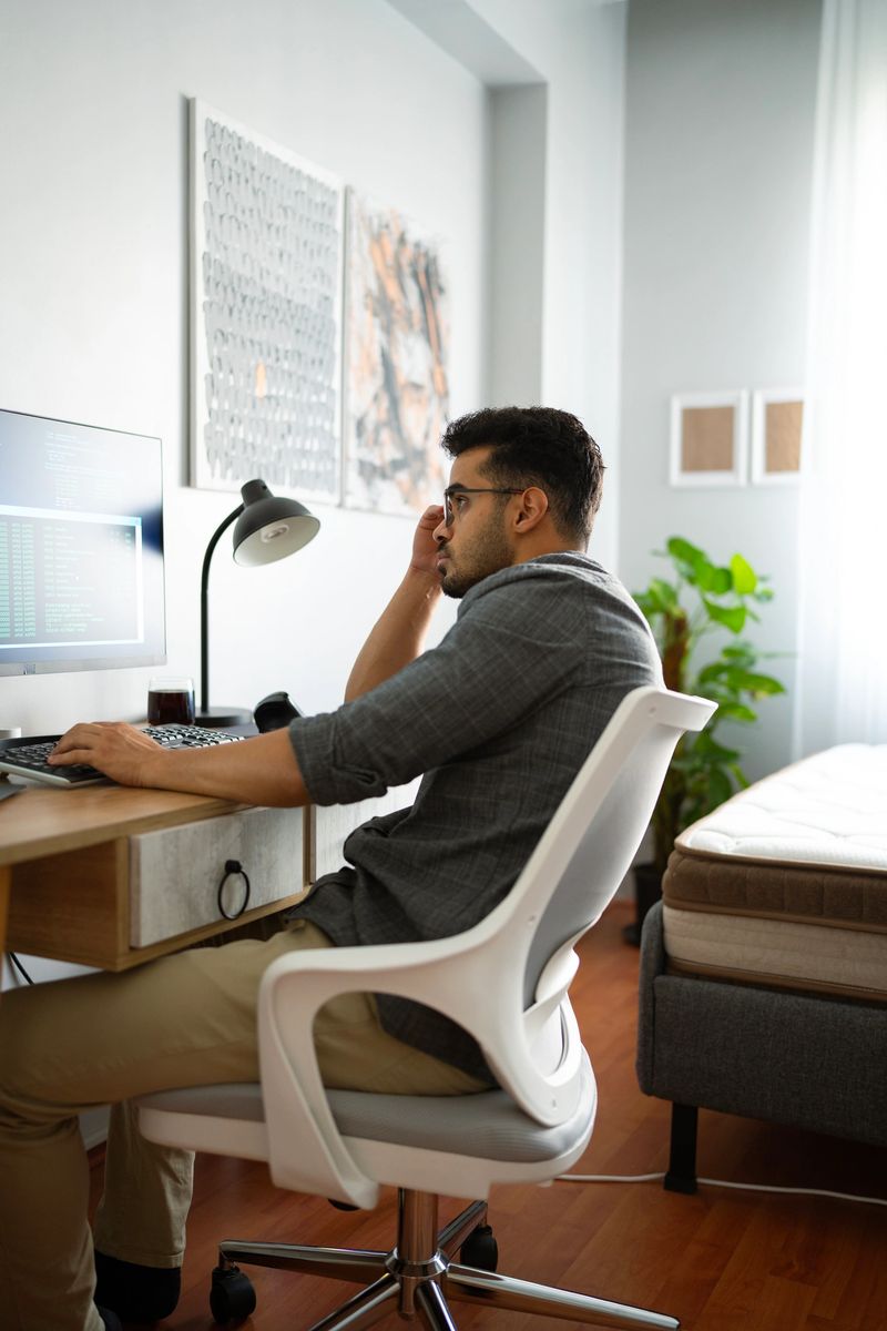 Focused programmer working on software development project at home office