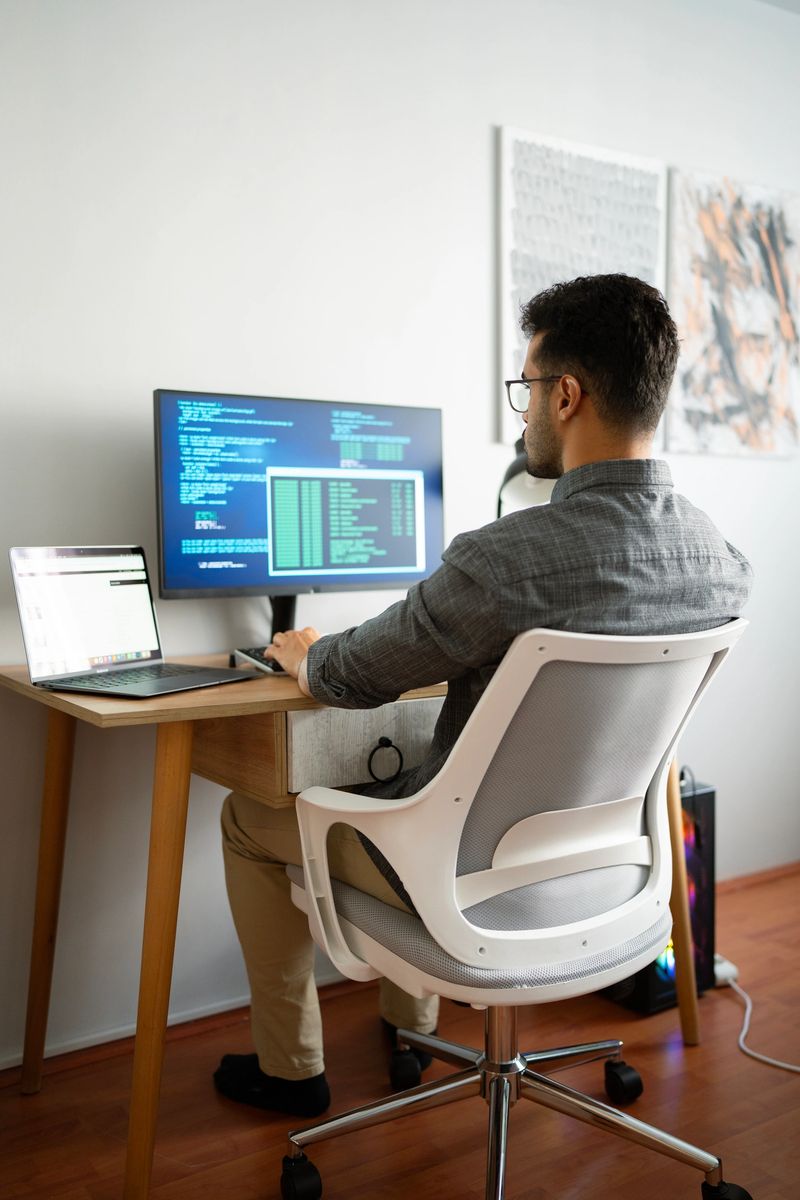 Software developer working on source code using multiple monitors
