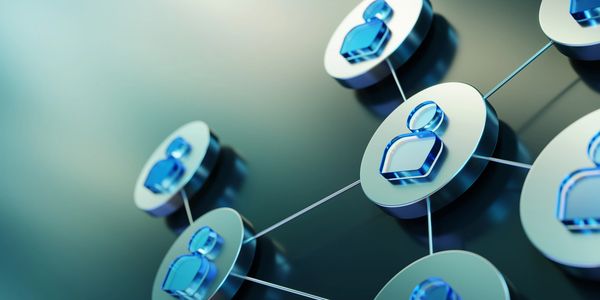 3D network icons representing connected users or profiles.