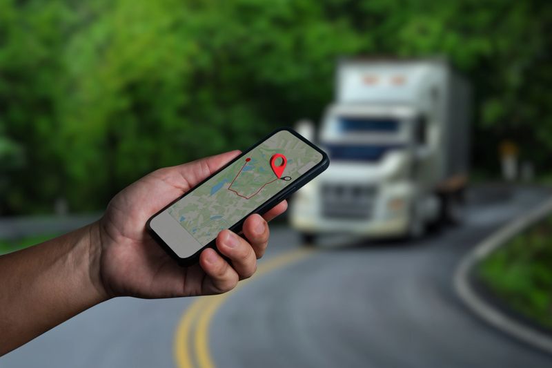 Hand holding smartphone with GPS navigation map and location pin, truck driving on curved road in background, concept of transportation, delivery tracking, logistics, and navigation technology.