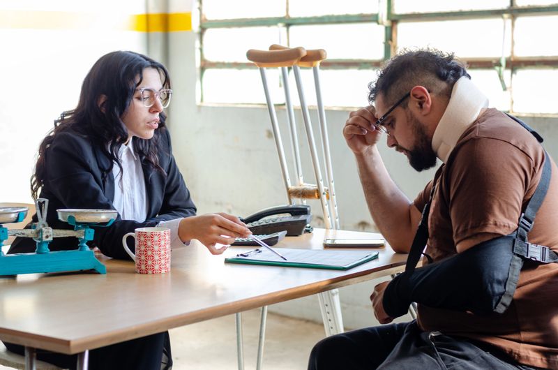Young female lawyer assist a injured man with legal problem. Man reading document. Compensation for work or car accident. Legal concept. Social Worker.