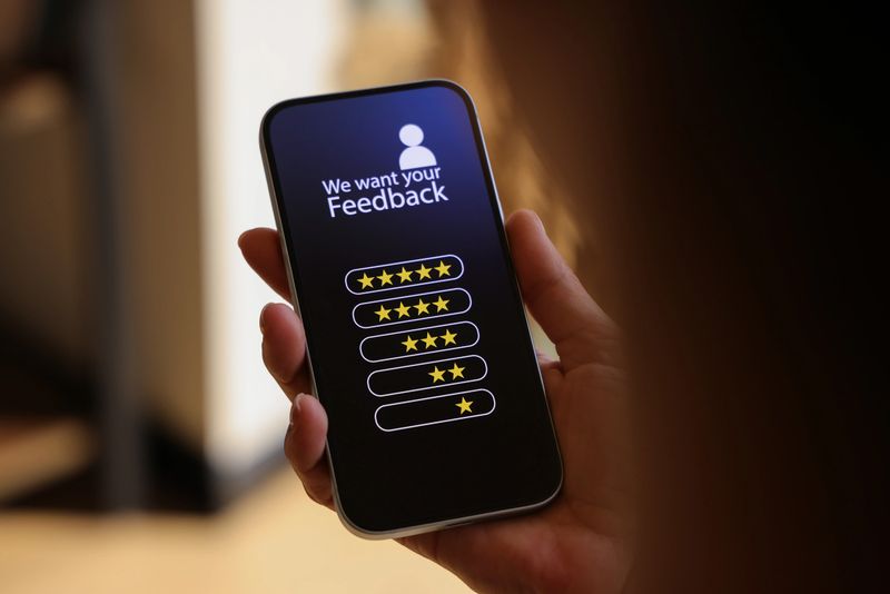 Close-up of a woman’s hand holding a smartphone displaying the word “Feedback” along with star rating icons. The image represents online reviews, customer satisfaction, user experience, digital communication, and business evaluation. Perfect for illustrating concepts of product ratings, service quality, customer engagement, and mobile feedback systems.