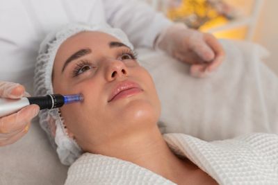 Woman receiving a facial treatment with a blue light device at a spa.
