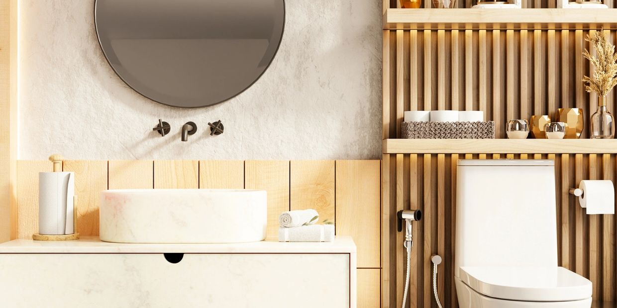 Modern bathroom with wooden accents, a round mirror, and neatly arranged decor.