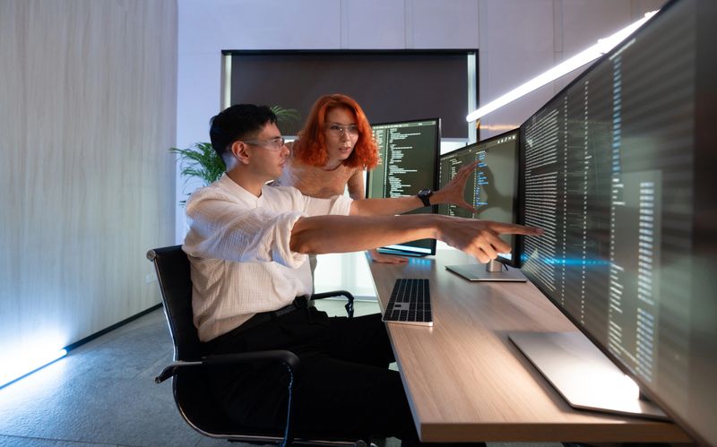 Two colleague engage in a collaborative discussion about data displayed on monitor. One pointing at the screen while the other observe intently.