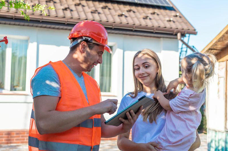 Family with solar panels discussing installation with engineer.