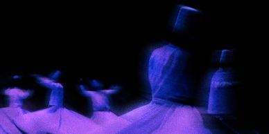Silhouetted whirling dervishes in motion under blue lighting.