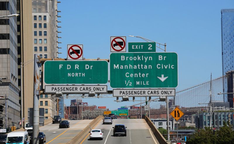 FDR Drive North and Brooklyn Bridge Manhattan Civic Center highway signs in New York City USA