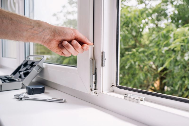 Cropped shot of a repairman hold a hex key to adjust metal element at new pvc window frame in a residential space. Concepts of maintenance service, energy efficiency and comfort.