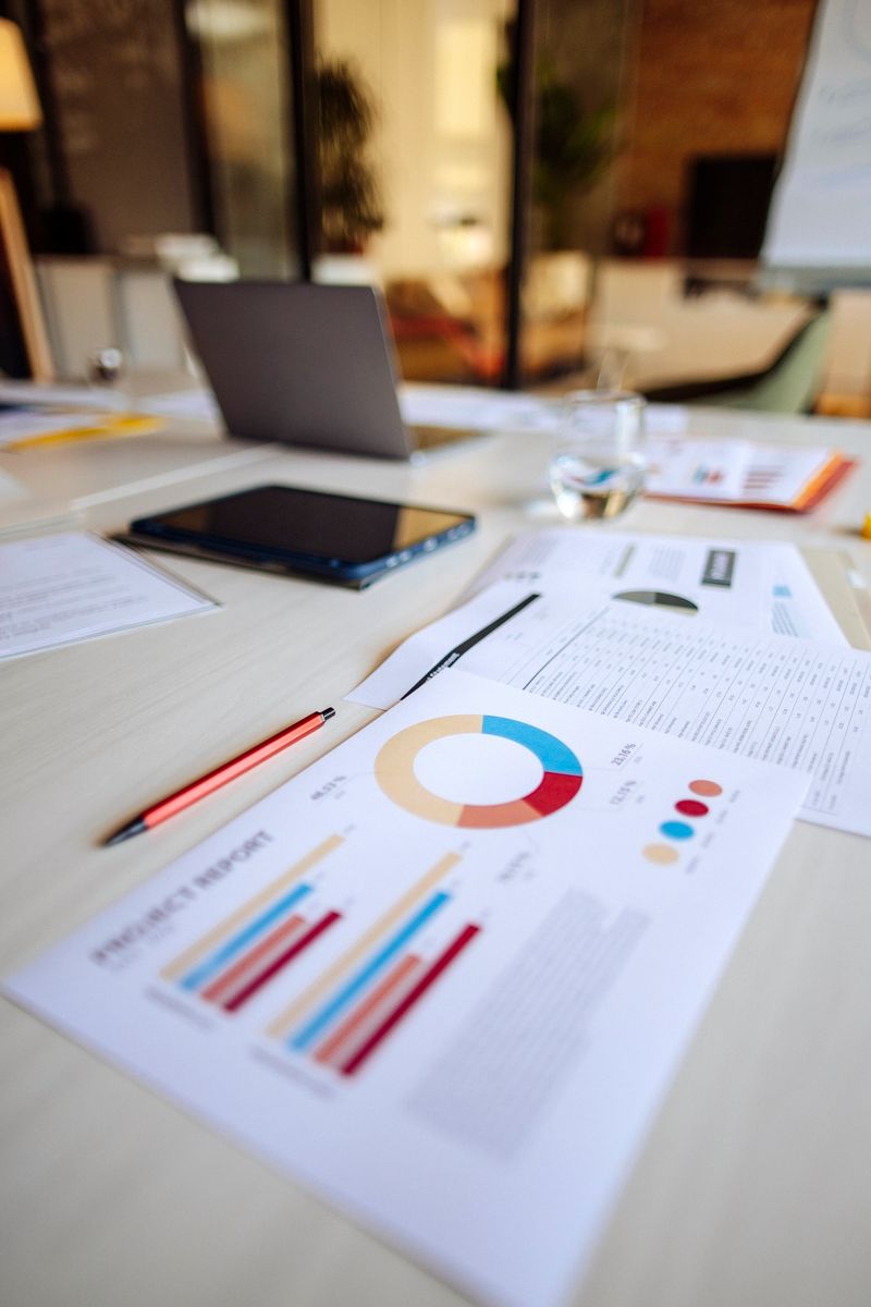 A workspace featuring a detailed business report with charts and graphs on a desk, suggesting analysis and planning