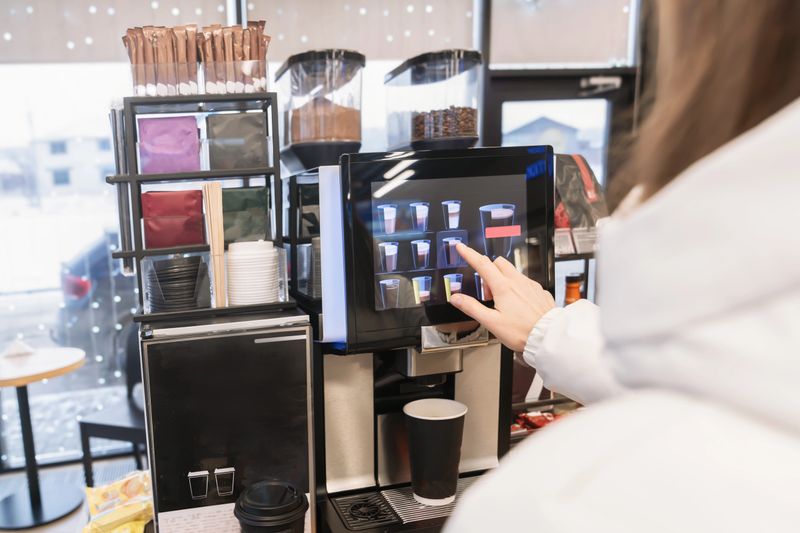A woman in a white jacket buys a coffee drink or tea from a coffee machine at a gas station or store, selecting the desired drink on the screen with her finger.Close-up view from behind