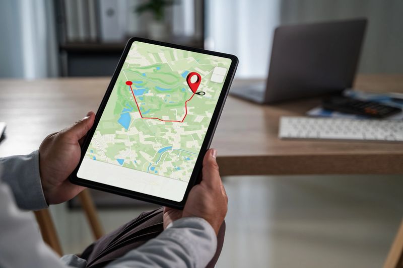 Man holding tablet with GPS navigation app showing map and route, modern digital technology for travel, location tracking, transportation, and online navigation assistance.