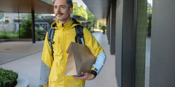 Man in yellow jacket holding paper bags outdoors.