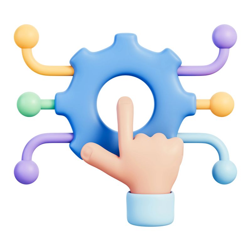 Finger touching gear icon with connected nodes symbolizing automation system, digital control and workflow integration concept. Isolated on white background with clipping path 3d illustration.