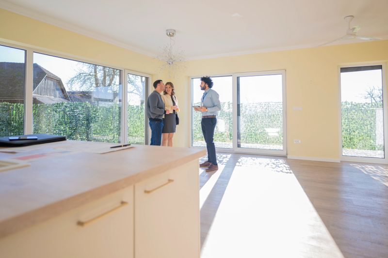 A Middle Eastern male real estate agent is showing a house to a Caucasian couple in a bright, spacious living room featuring large windows and natural light. They are discussing potential features and options.