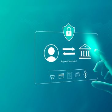 Interfaz digital de pago seguro con iconos de usuario y banco.