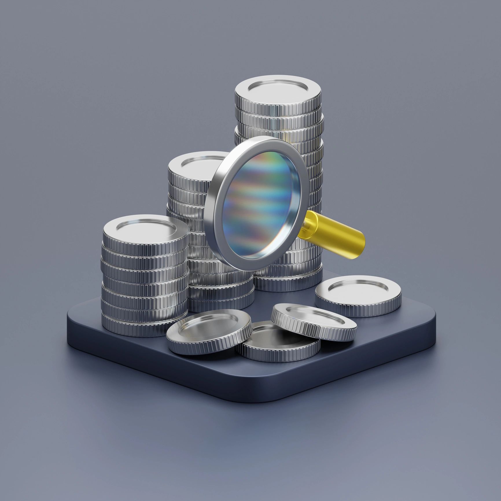 Magnifying glass focusing on stacks of silver coins on a blue surface.