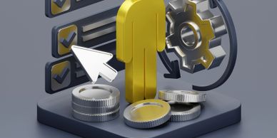 3D illustration of financial planning with coins, a figure, and gear icon.