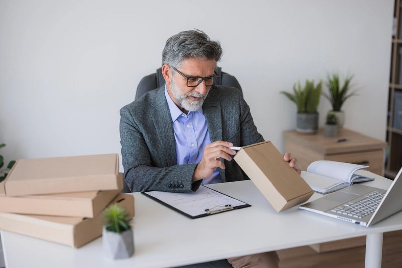 Mature businessman preparing packages for shipping in his modern office