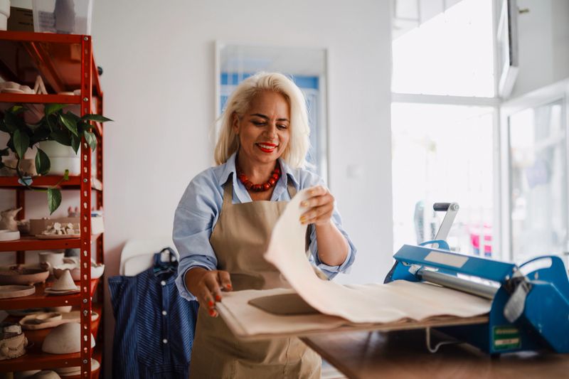 Focused middle-aged woman using a slab roller to evenly flatten clay in her ceramics workshop. She is working in a well-lit, creative space surrounded by pottery tools, materials, and handmade ceramic pieces. The image captures the artistic process, craftsmanship, and dedication to traditional pottery techniques. Ideal for themes such as artisan work, small business, creative studio life, and handmade crafts.