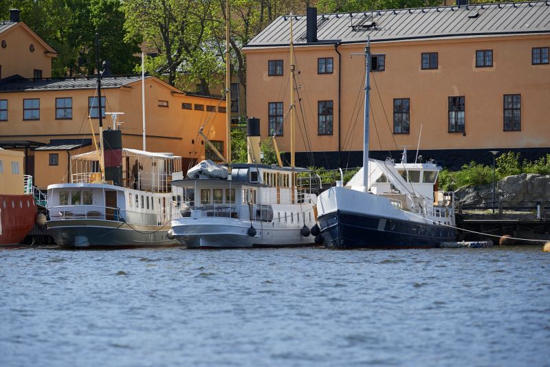 Quaint old-fashioned boats moored in a peaceful harbor next to charming ochre buildings. The surrounding greenery captures a balanced blend of architectural and natural beauty, evoking tranquility and maritime heritage.