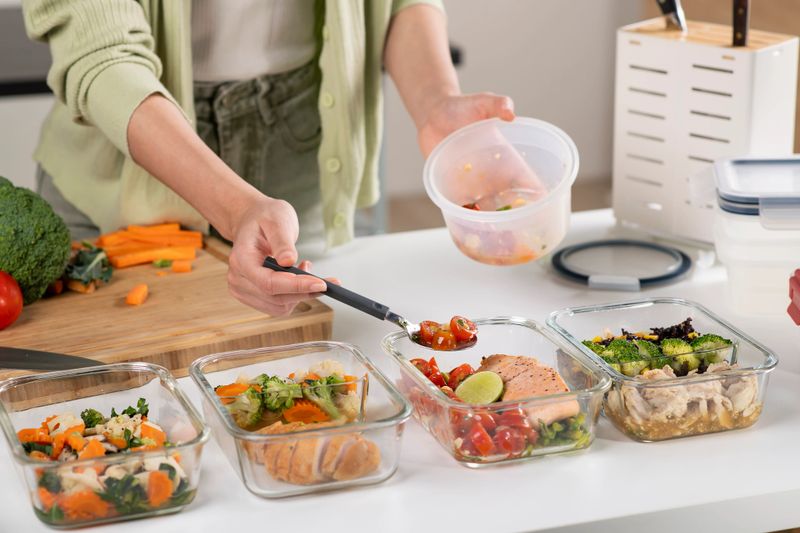 Woman preparing healthy homemade meal prep, with fresh, healthy food at home.