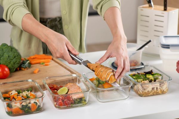 Person meal prepping with glass containers and vegetables.