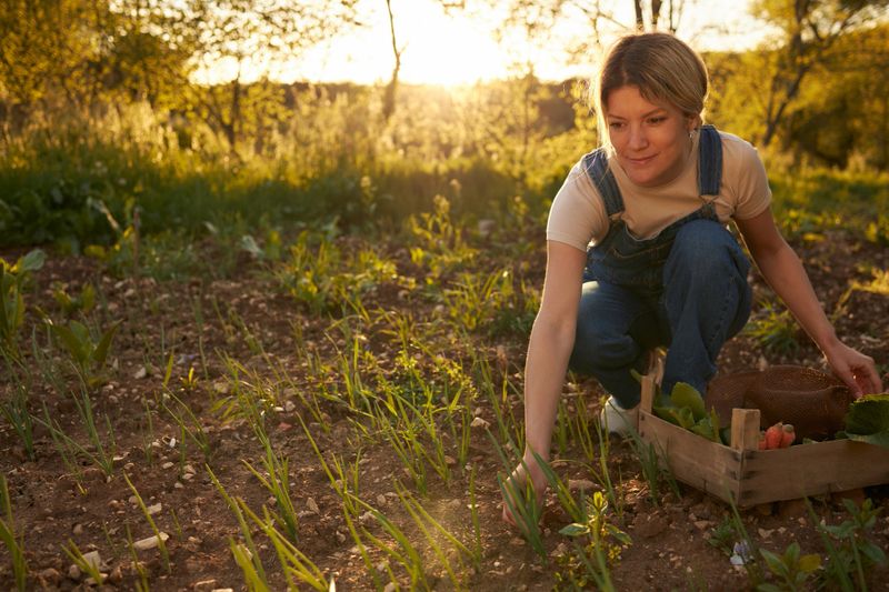 Happy female farmer holding a wood box containing fresh vegetables.