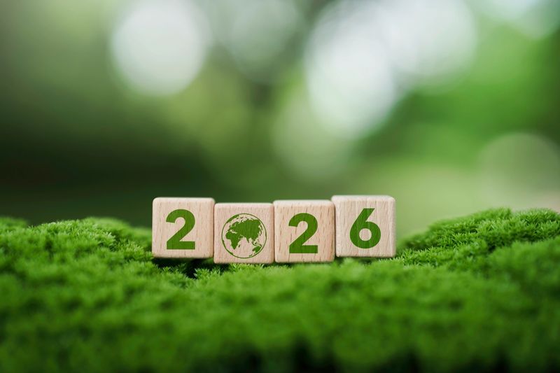 Wooden blocks with number 2026 and earth icon on green moss background for Sustainable Environmental Goals, and climate change action, happy new year, environment day, carbon reduction to net zero.