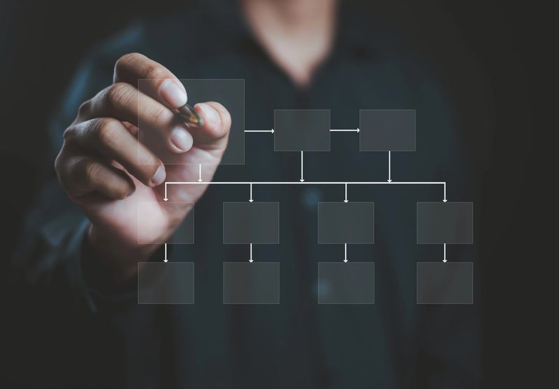 Businessman drawing organizational chart on virtual screen, symbolizing structure, workflow, management hierarchy, strategic planning, and business process organization in modern companies