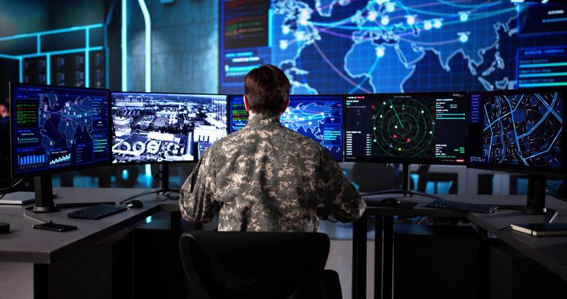 In The Government Military Control Center, A Senior Soldier Monitors Drone Surveillance.